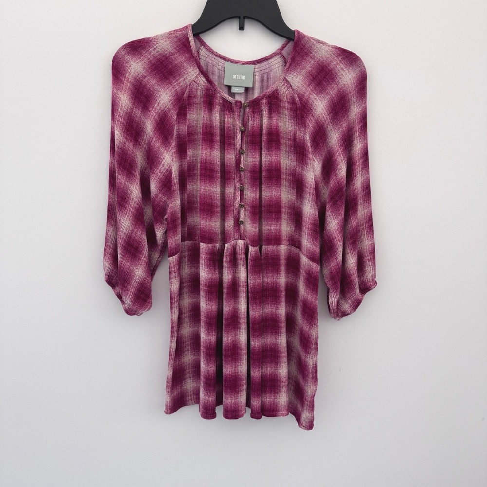 Maeve Tunic Top Plaid WomenSize S Magenta 3/4 Sleeve Pullover